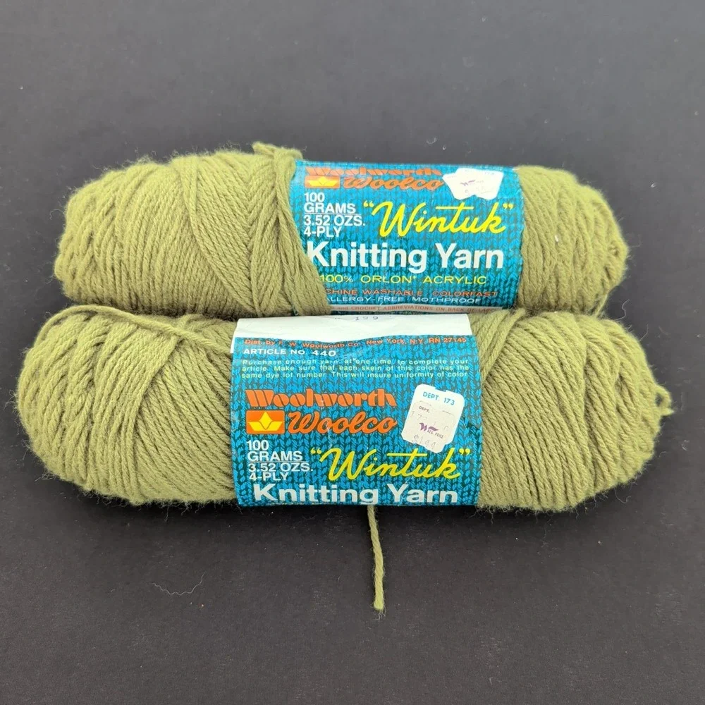 Lot of 2 Woolworth Woolco Wintuk Orlon Acrylic Yarn #53 Avocado Green Vintage